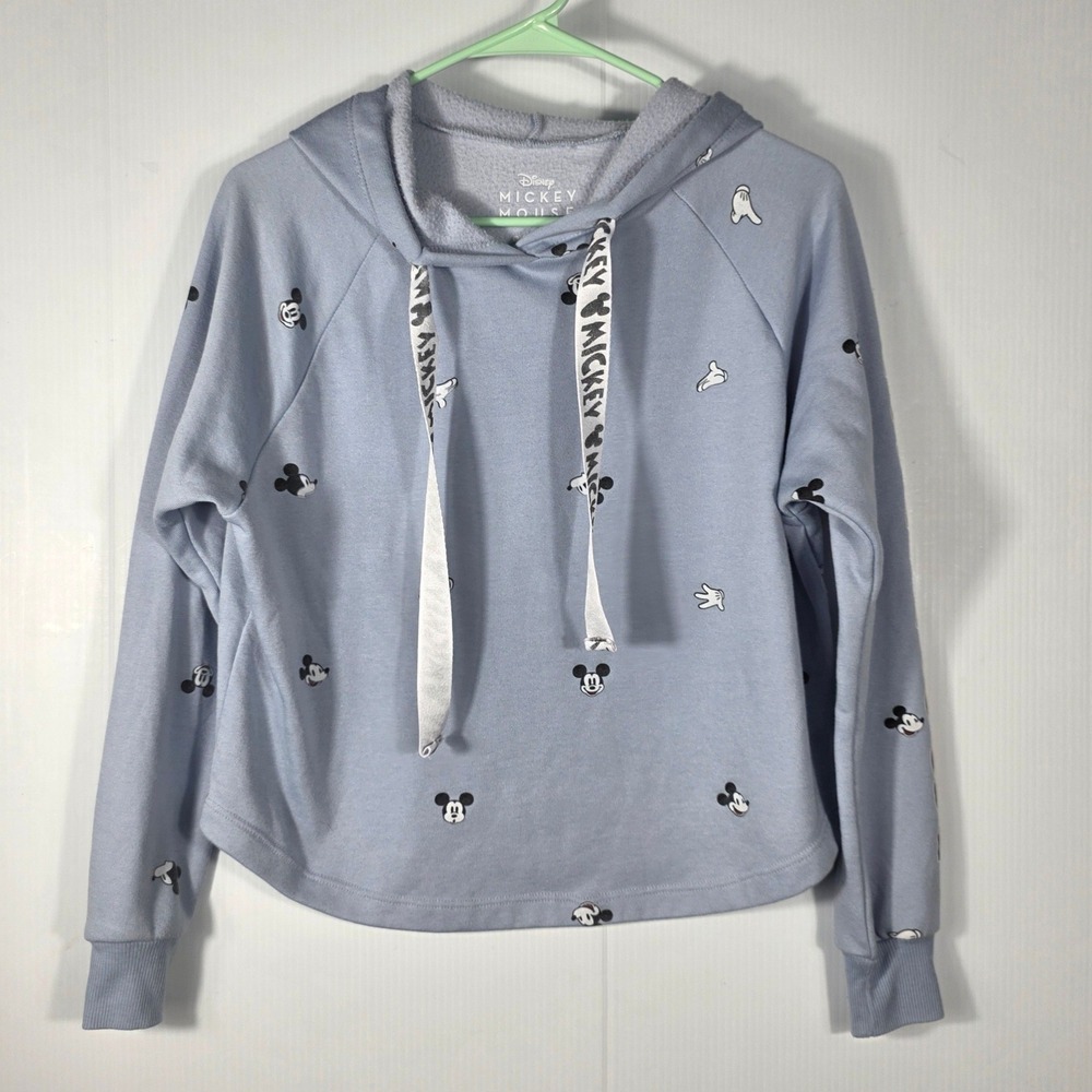 Disney Mickey Mouse Light Blue Cropped Hoodie All Over Print Graphic Sleeve S